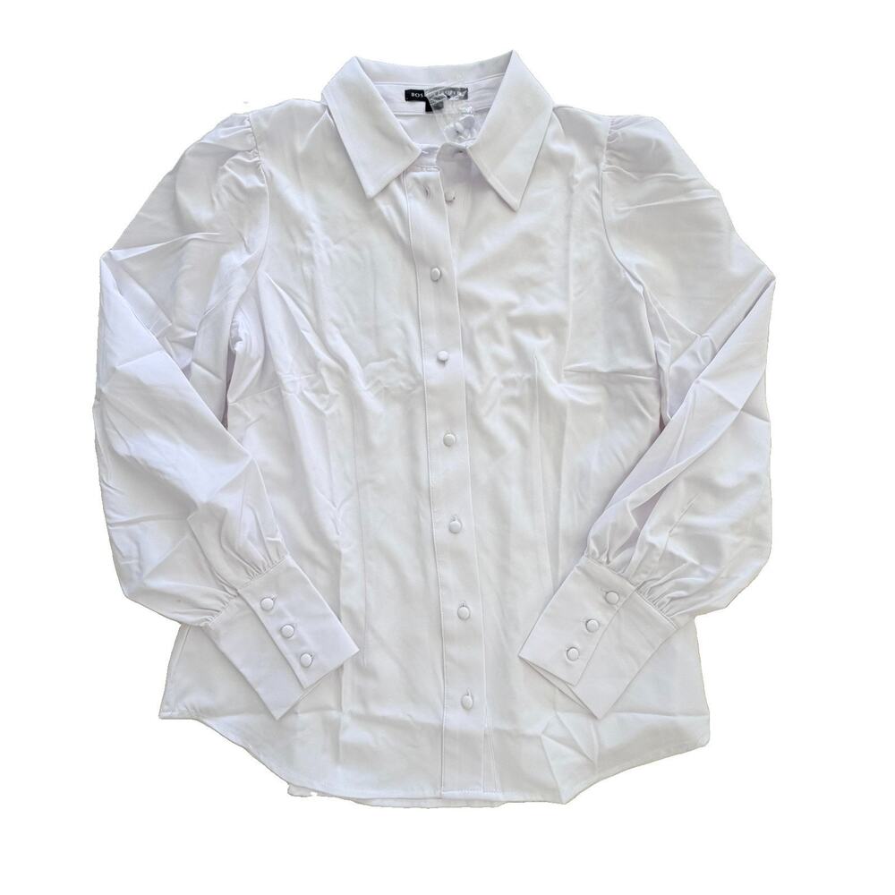 New Boston Proper White Puff Sleeve Button Down Stretch Blouse M NWT Preppy Work